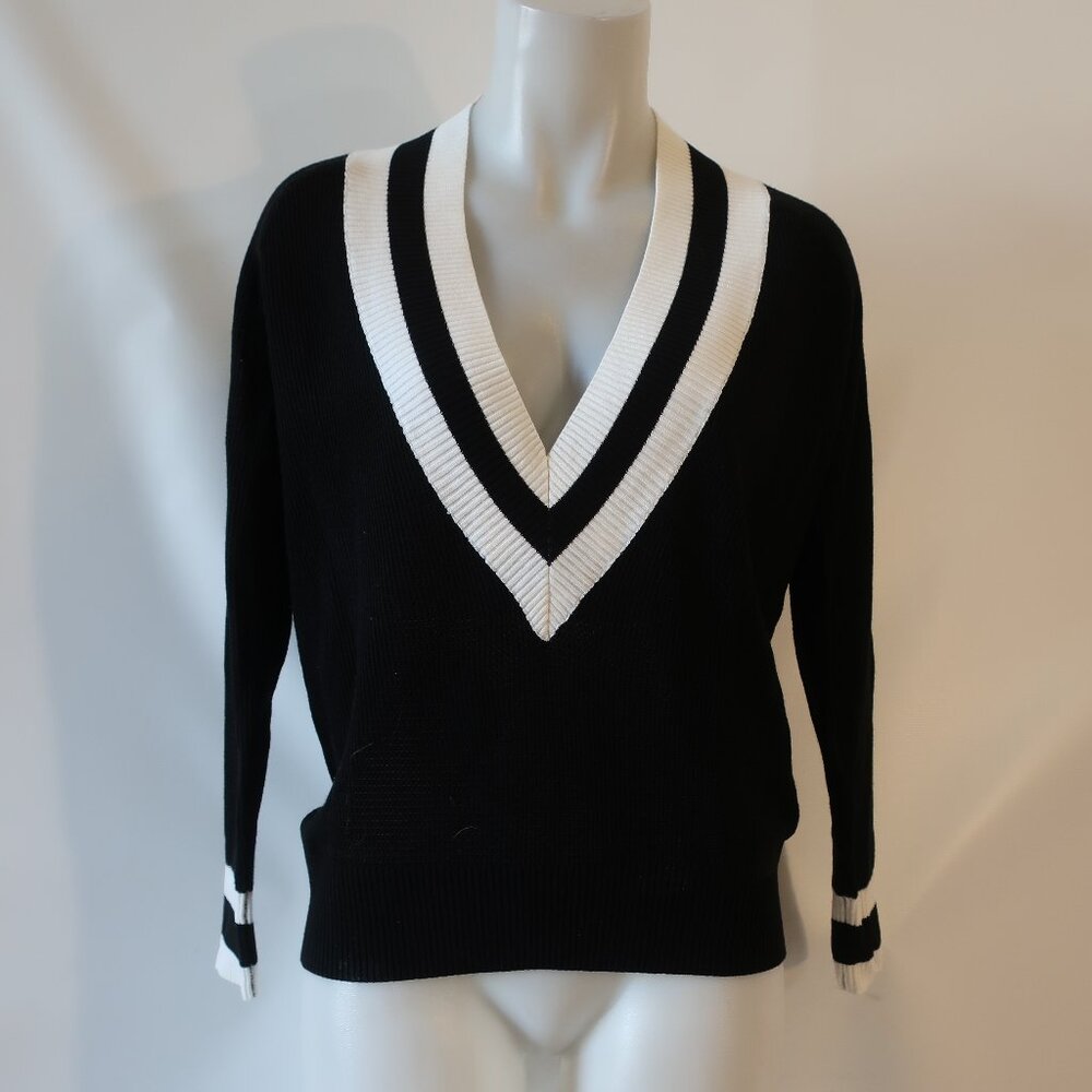 Womens Uniq Black White V-Neck Pullover Varsity Sweater S/M